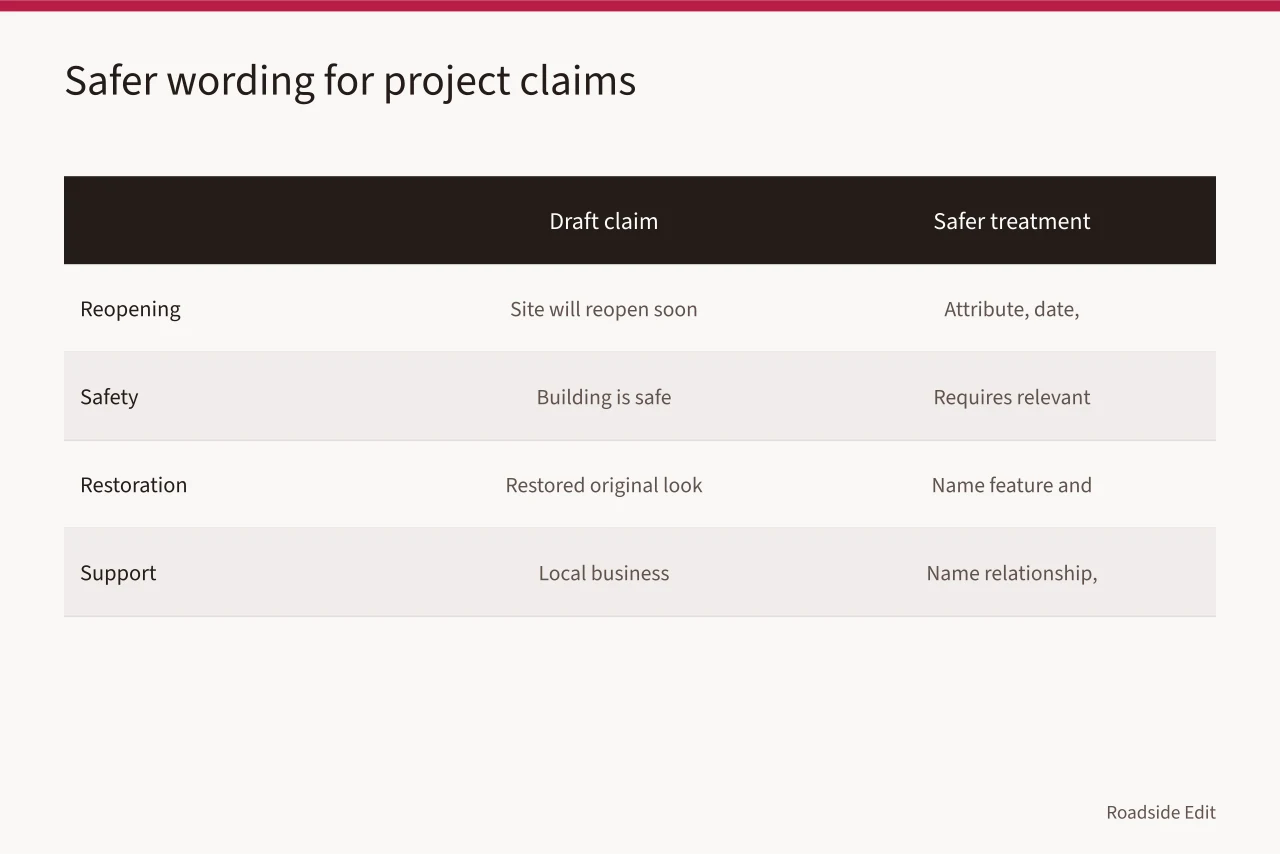 Comparison table of draft project claims and safer attributed treatments (Roadside renovation fundamentals: a scope checklist before you decide)