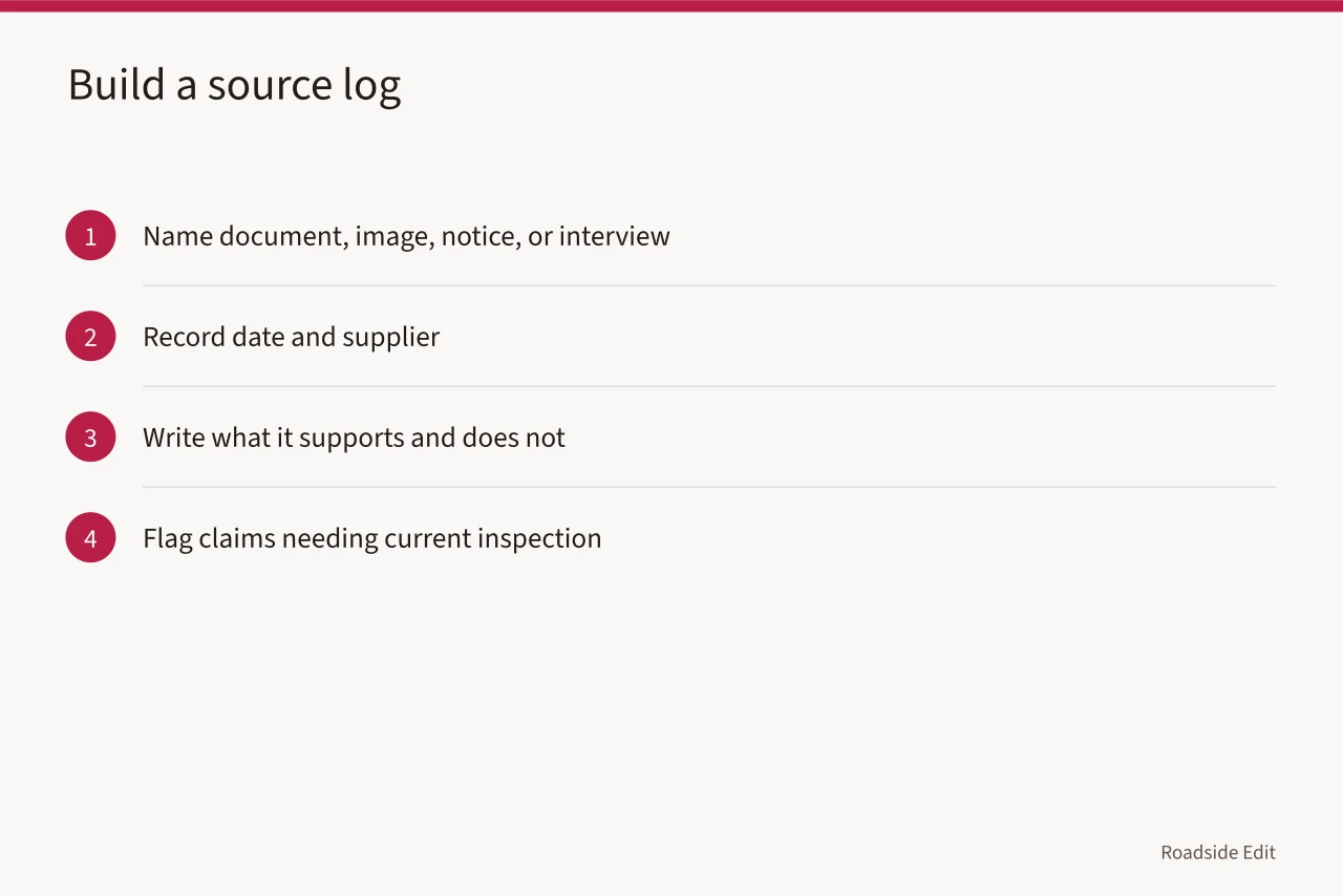 Four-step source log process for documenting renovation claims (Roadside renovation questions to ask before you compare plans)