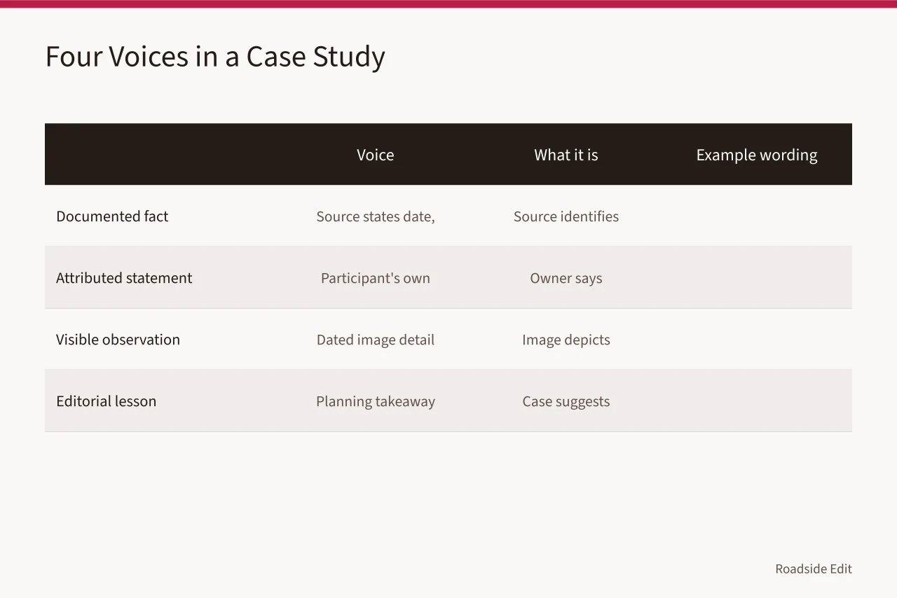 Chart separating documented fact, attributed statement, visible observation, and editorial lesson with sample wording (How to run a roadside renovation case study method that separates evidence from inference)