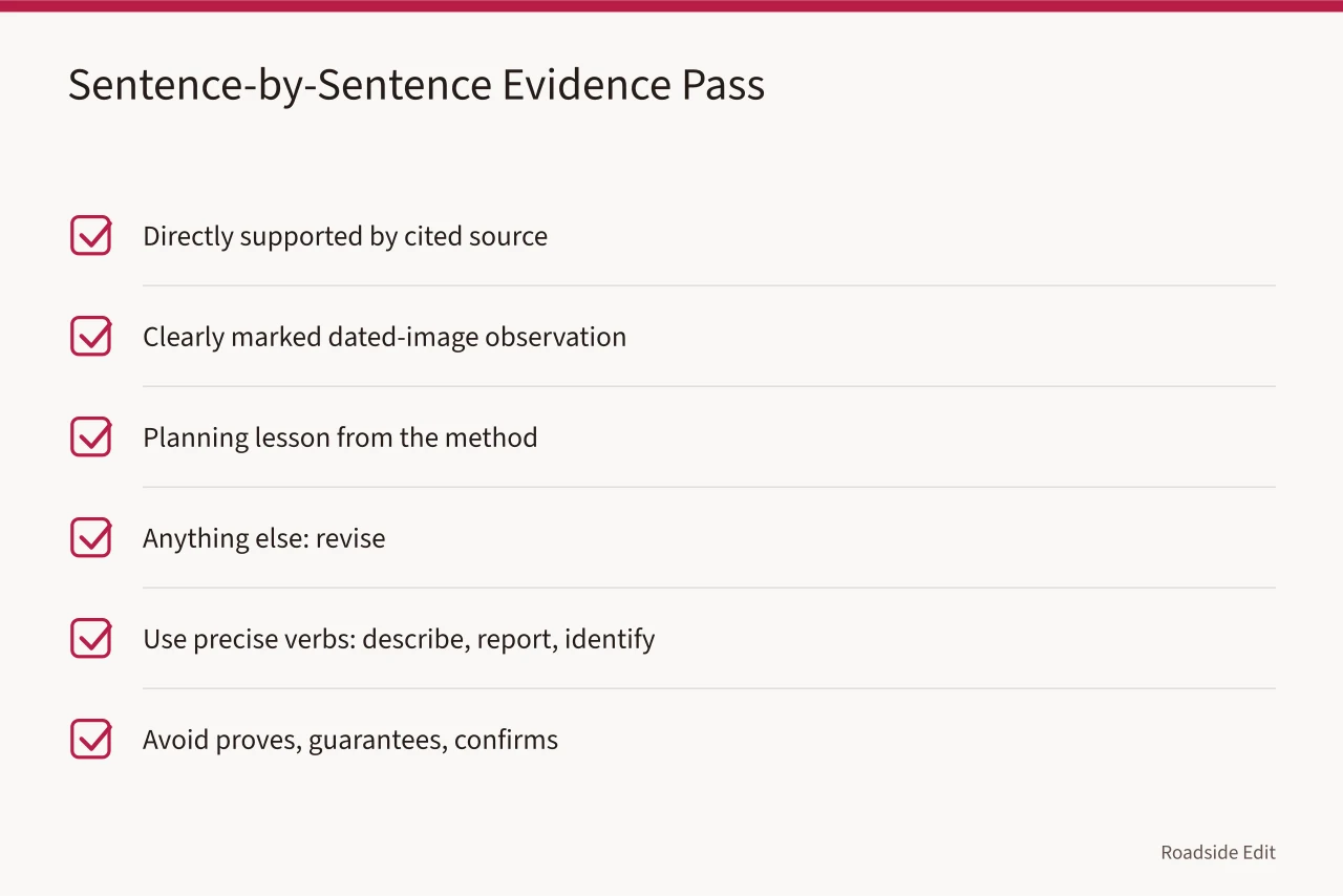 Checklist sorting each draft sentence into supported fact, image observation, or planning lesson (How to run a roadside renovation case study method that separates evidence from inference)