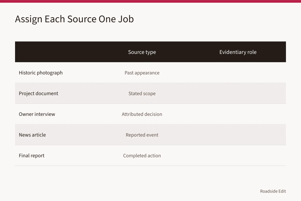 Table matching source types to their limited evidentiary roles (Roadside renovation case study questions to ask before you cite one)