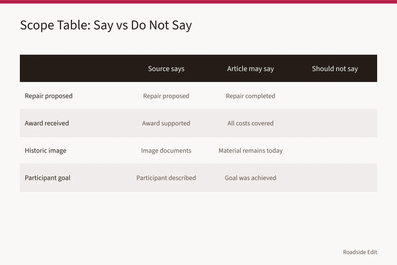Scope table showing what a source supports versus what an article should not claim (Roadside renovation case study questions to ask before you cite one)