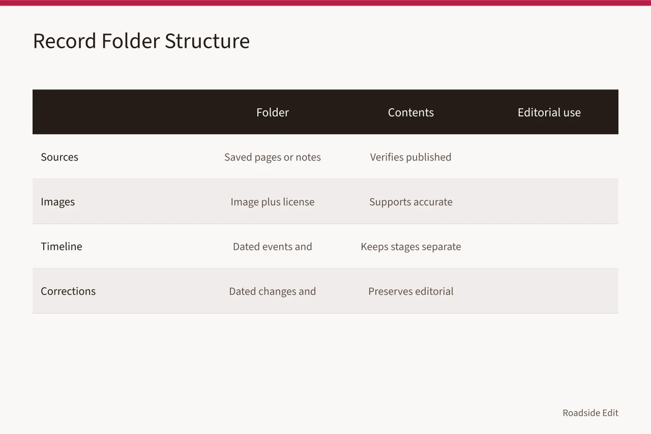 Table of four record folders with contents and editorial use (How to organize roadside renovation case study records with clear limits)