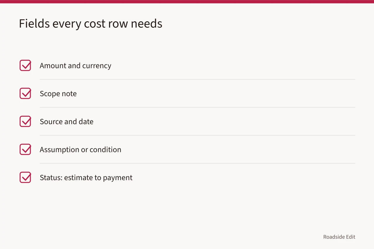 Five fields that make each cost record row checkable (Roadside renovation cost planning: build a scope checklist before you set the total)