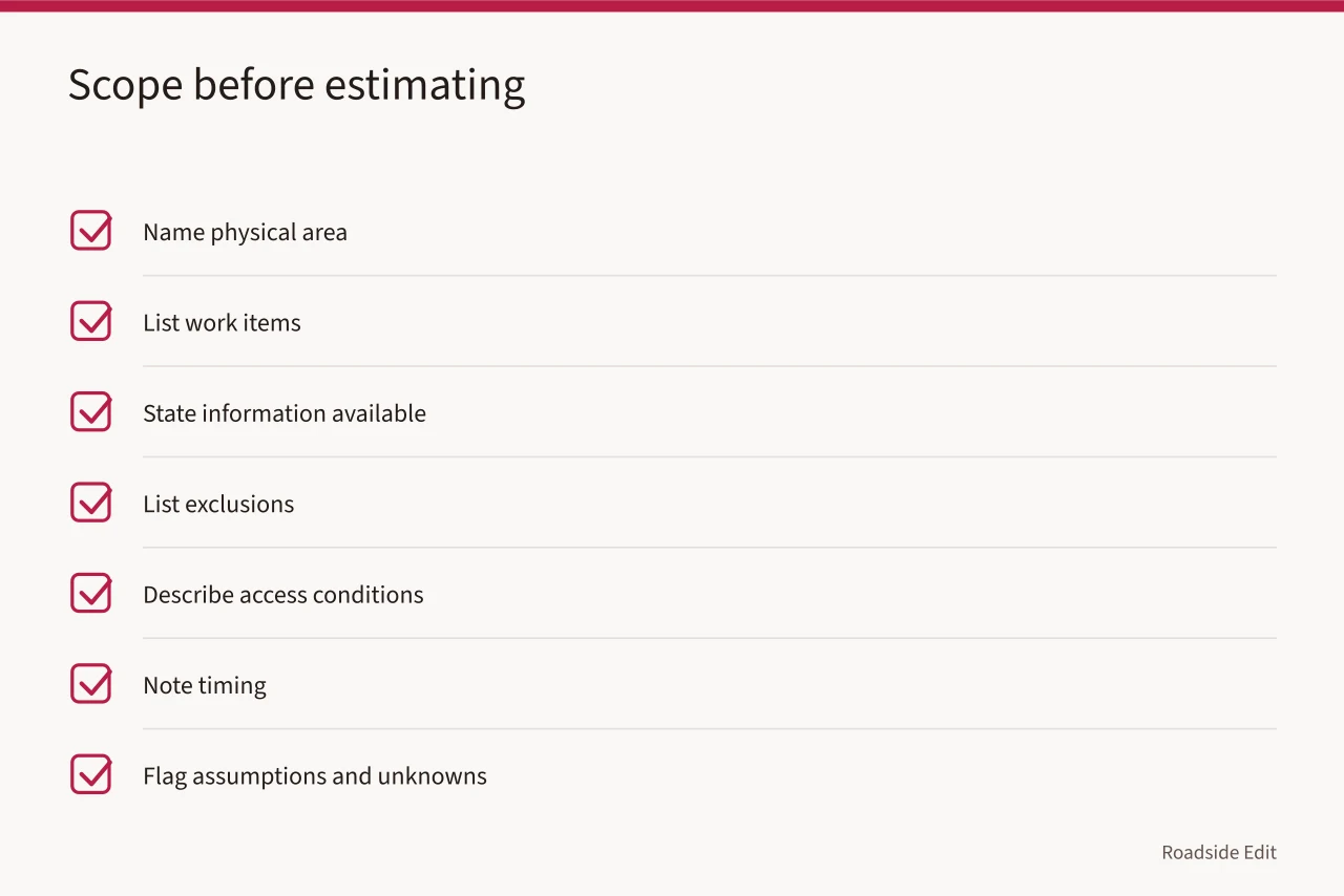 Checklist of scope elements an estimate must name before pricing (Roadside renovation cost planning: how to build public budgets that hold up)