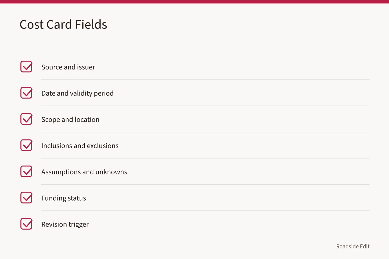 Checklist of seven fields for a public cost card (Roadside renovation cost planning: how to build public budgets that hold up)