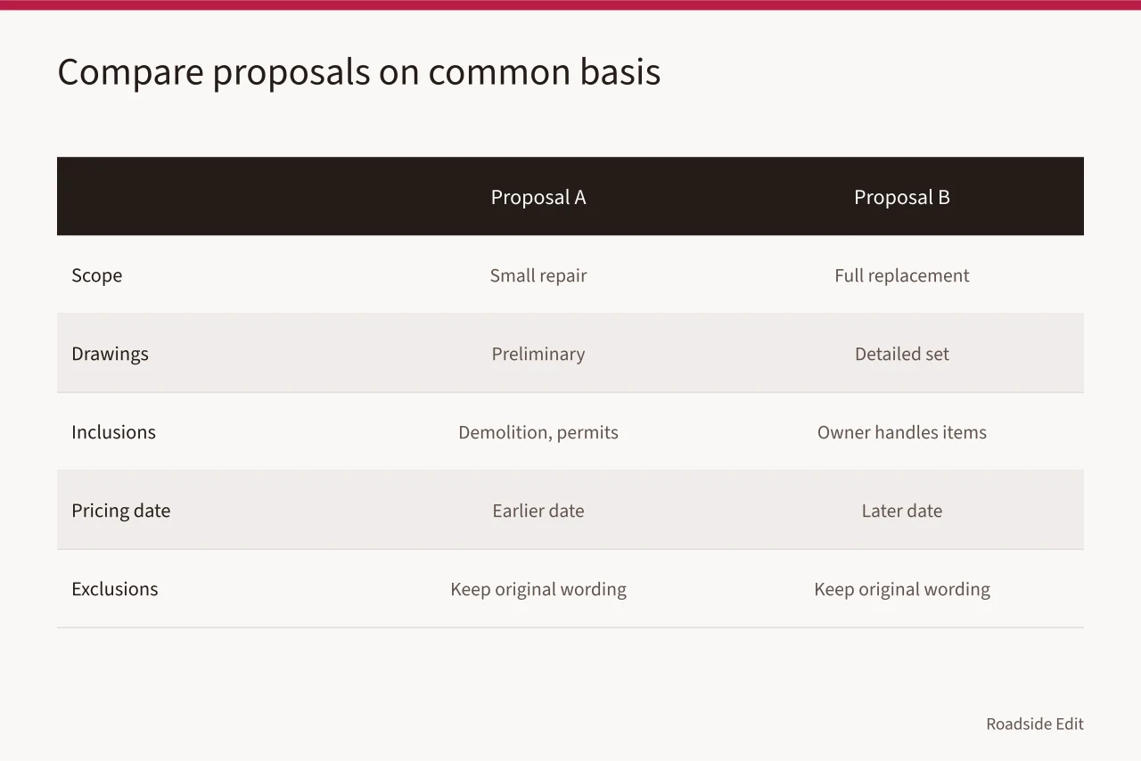 Side-by-side comparison of two renovation proposals with different scope and inclusions (Roadside renovation cost questions to ask before you compare quotes)