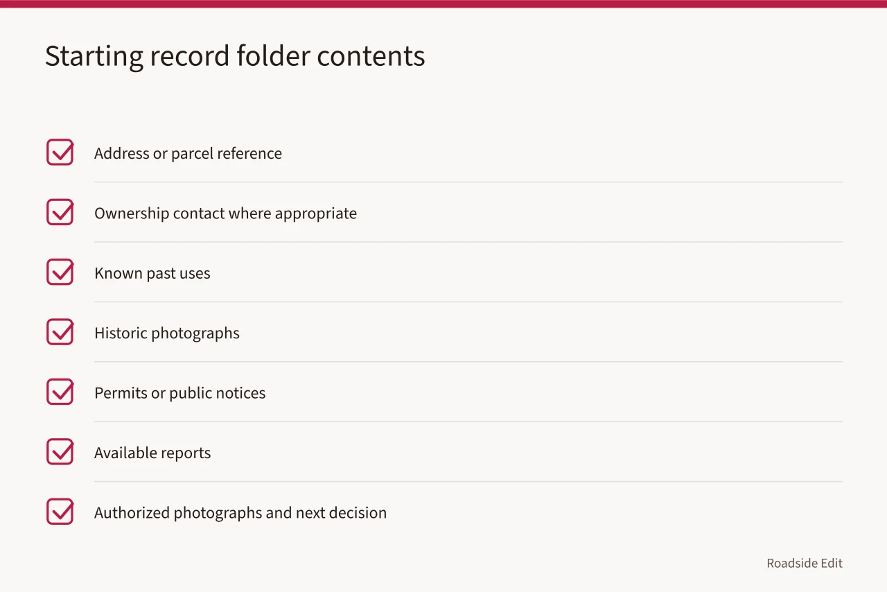 Checklist of items for a property starting record folder (Roadside renovation fundamentals: how to plan with evidence, scope and reuse in mind)