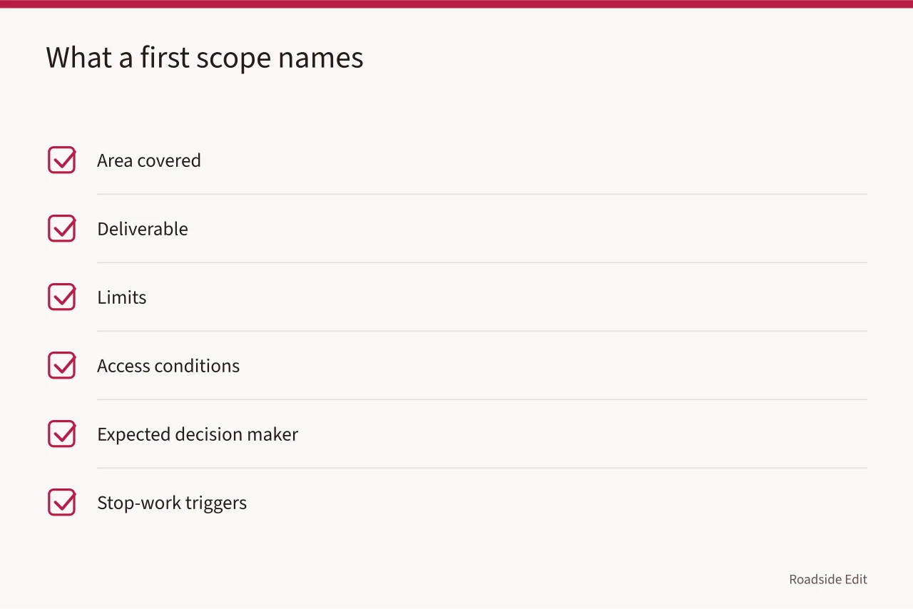 Checklist of elements a modest first scope should name (Roadside renovation fundamentals: how to plan with evidence, scope and reuse in mind)