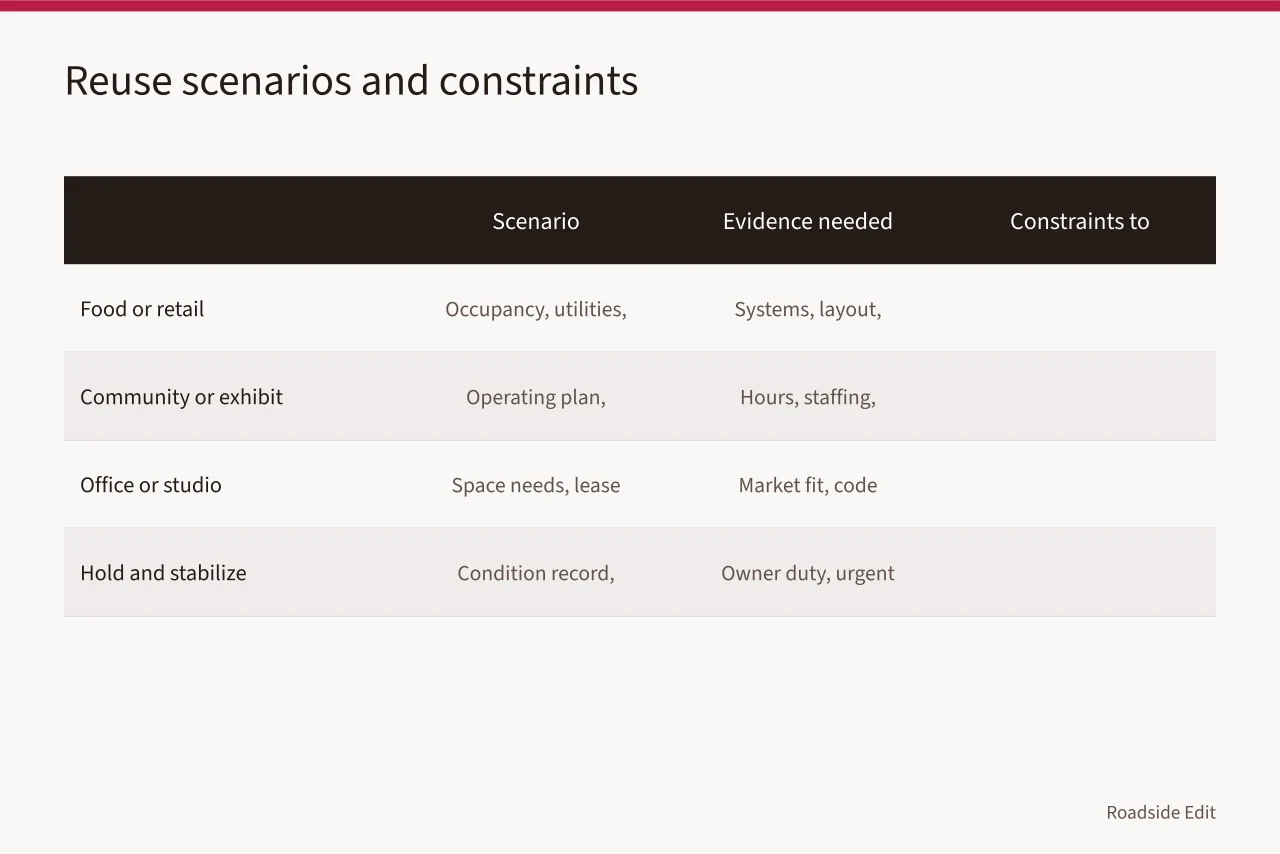 Scenario table matching reuse ideas to evidence needs and constraints (Roadside renovation fundamentals: how to plan with evidence, scope and reuse in mind)