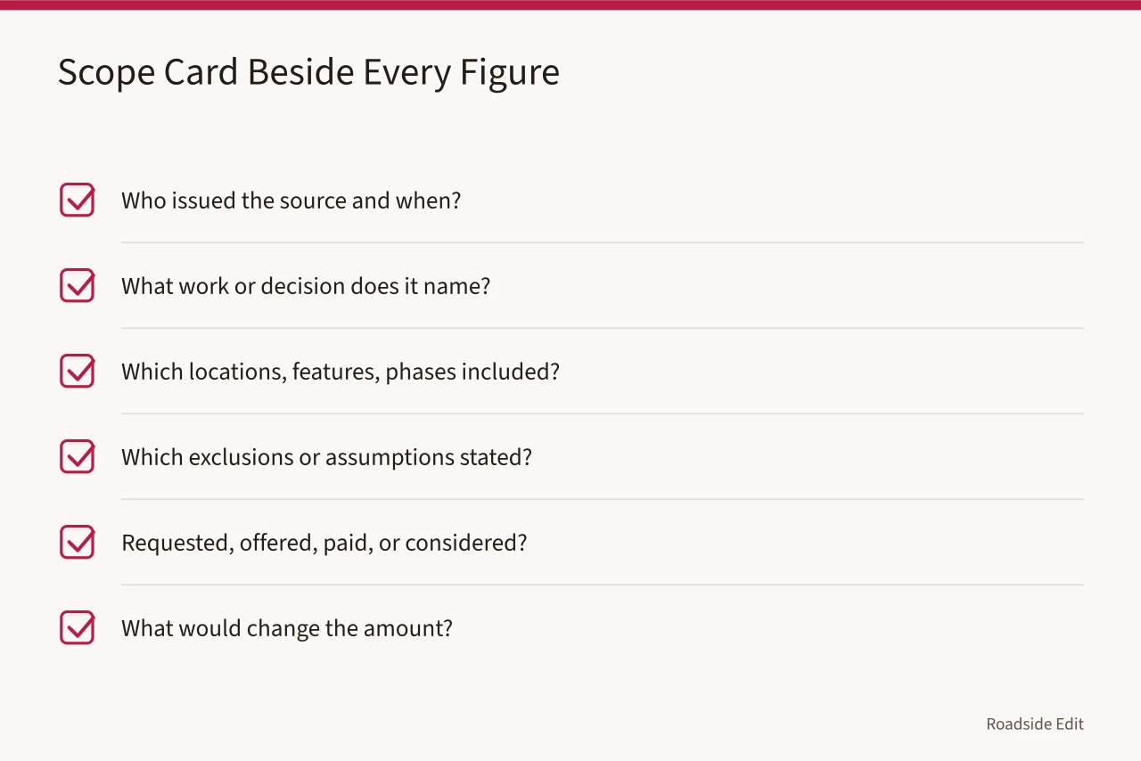 Six-question scope checklist covering source, work, inclusions, exclusions, status, and change triggers (Before you publish roadside renovation budget notes, fix these six mistakes)