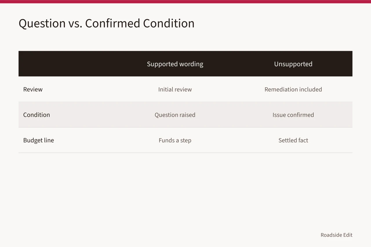 Comparison of supported wording about a review versus unsupported wording claiming a confirmed condition (Before you publish roadside renovation budget notes, fix these six mistakes)