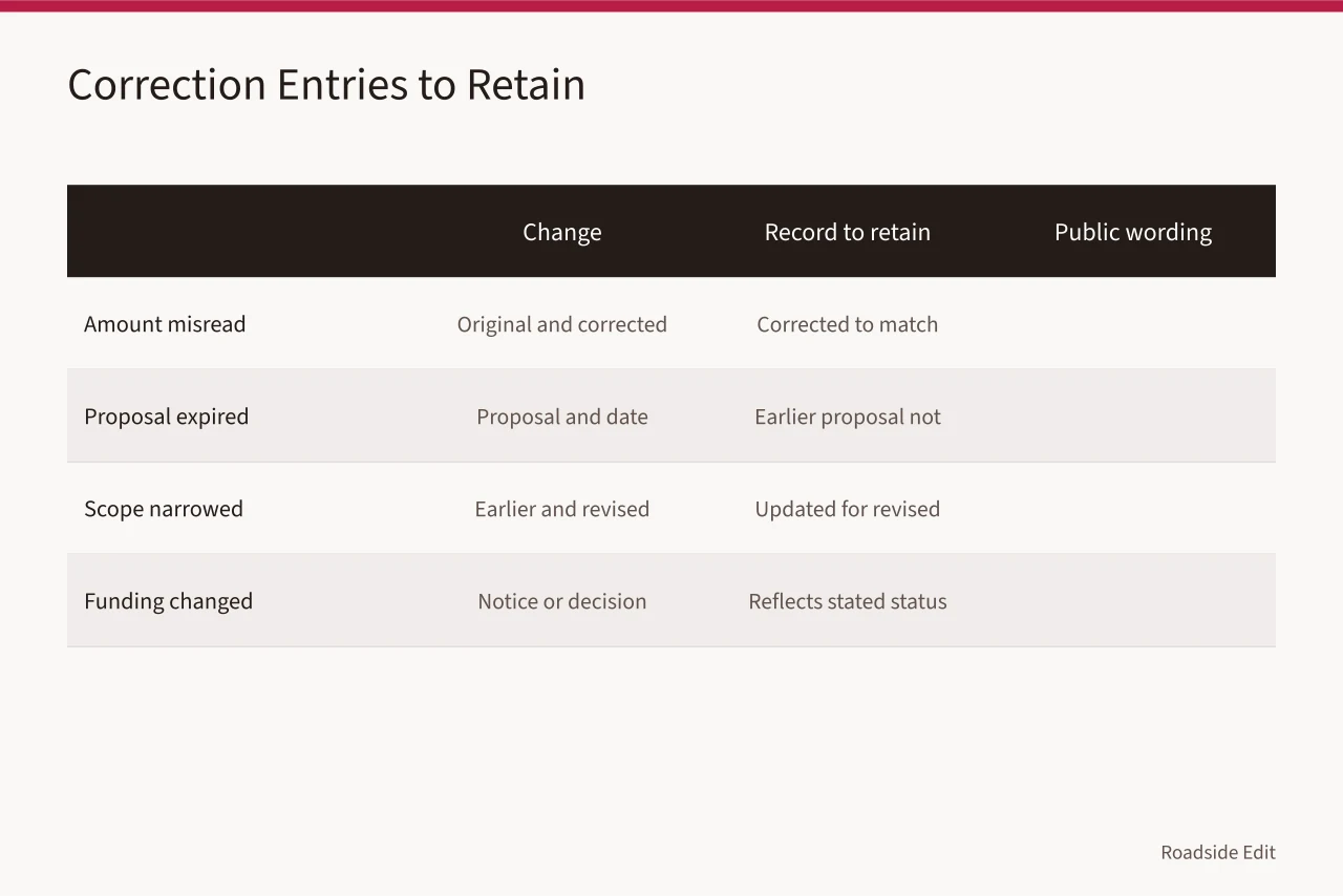 Table of four correction types with the record to retain and the public wording to use (Before you publish roadside renovation budget notes, fix these six mistakes)