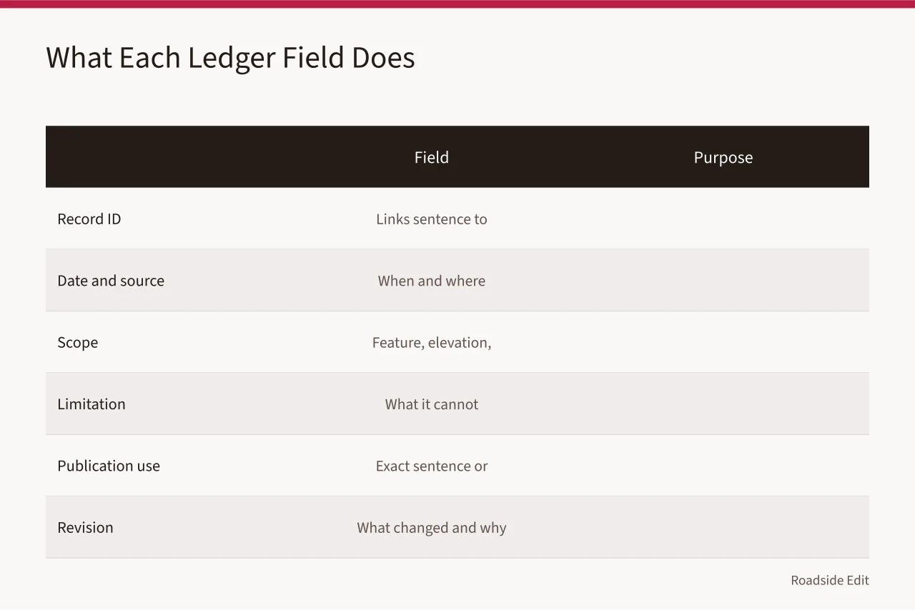 Table of evidence ledger fields and their purposes (Roadside renovation mistake prevention records: what to keep and why)