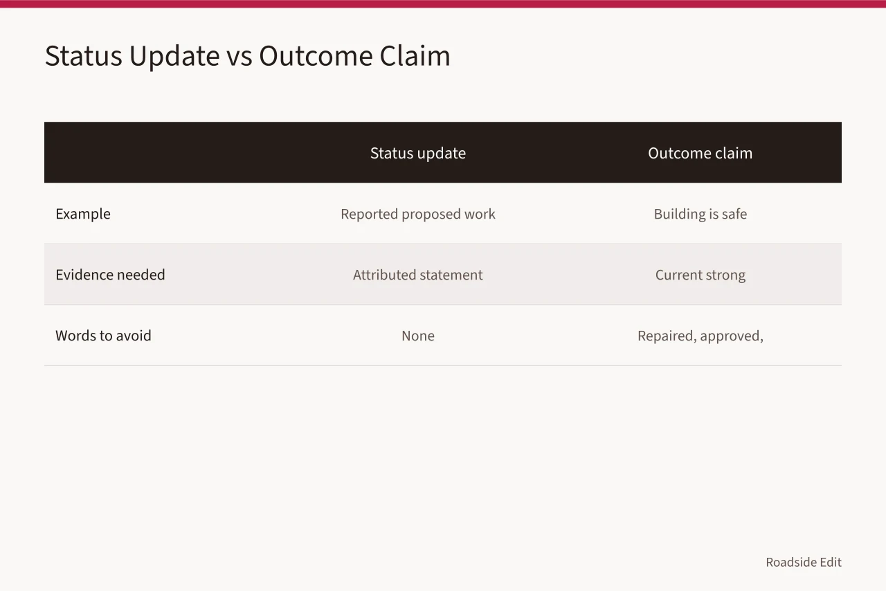 Comparison of status update language and outcome claim language with examples (Roadside renovation mistake prevention: how to keep assumptions out of scope)
