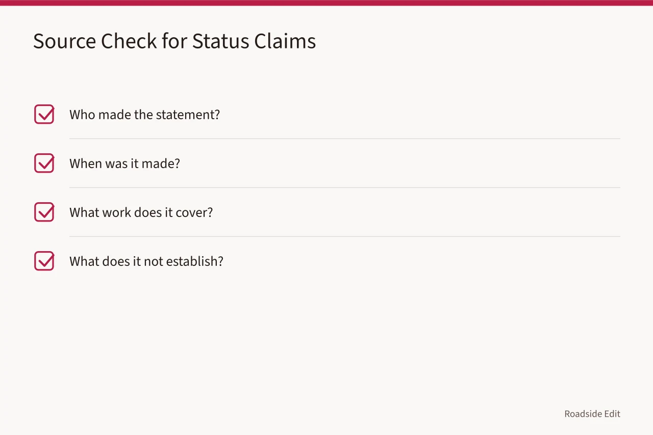 Checklist of four source questions for renovation status claims (Roadside renovation mistake prevention checklist for newsrooms)