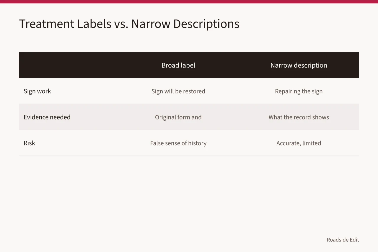 Comparison of broad treatment labels and narrow factual descriptions (Roadside renovation mistake prevention checklist for newsrooms)