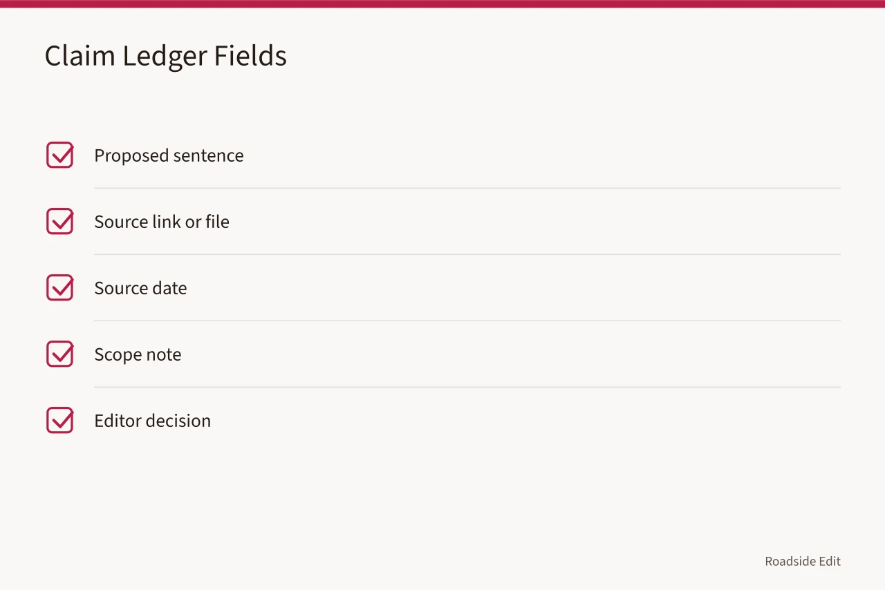 Five-field claim ledger checklist for tracking sources (Roadside renovation mistake prevention checklist for newsrooms)