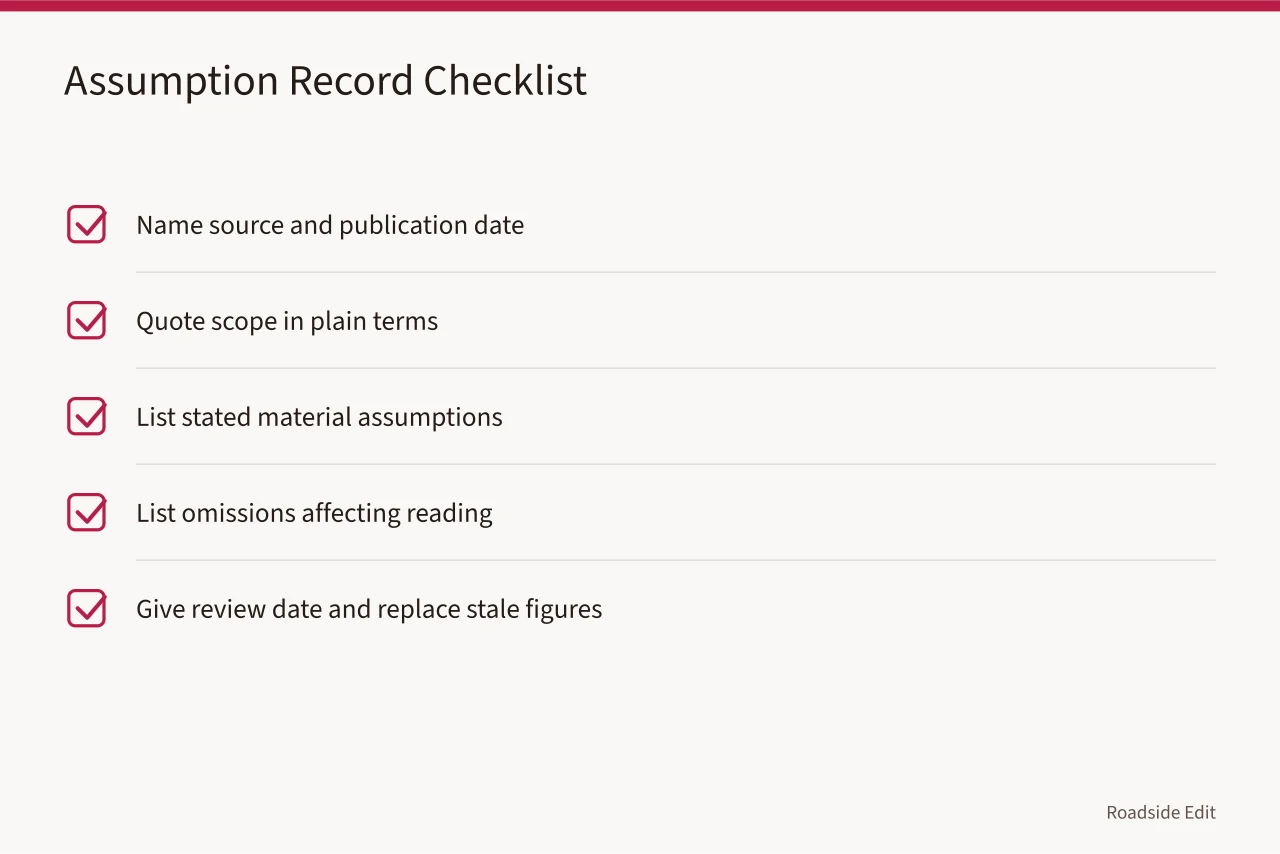 Checklist of five steps for recording budget assumptions (Roadside renovation planning: how to build a budget you can defend)
