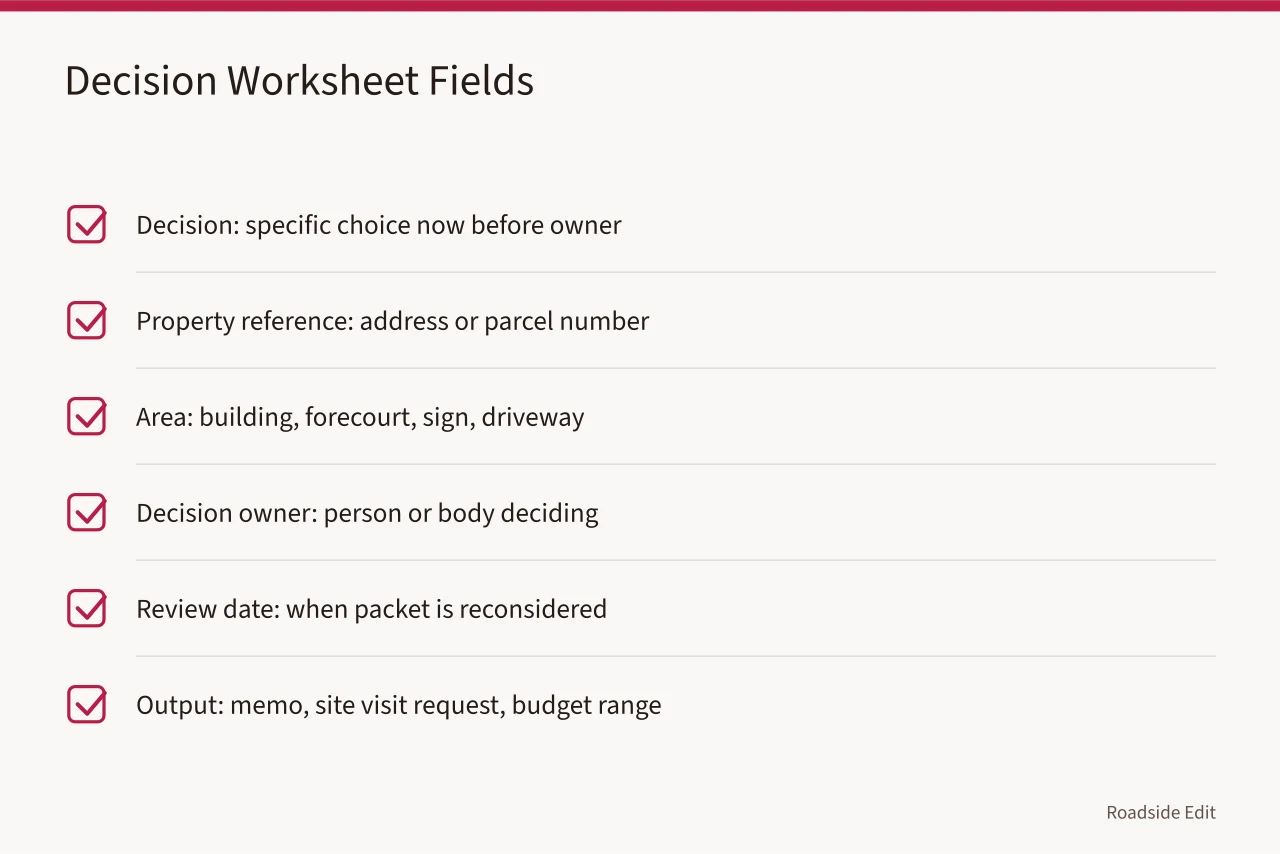 Checklist of six decision worksheet fields for roadside renovation planning (Roadside renovation planning checklist: scope the work before you collect anything)