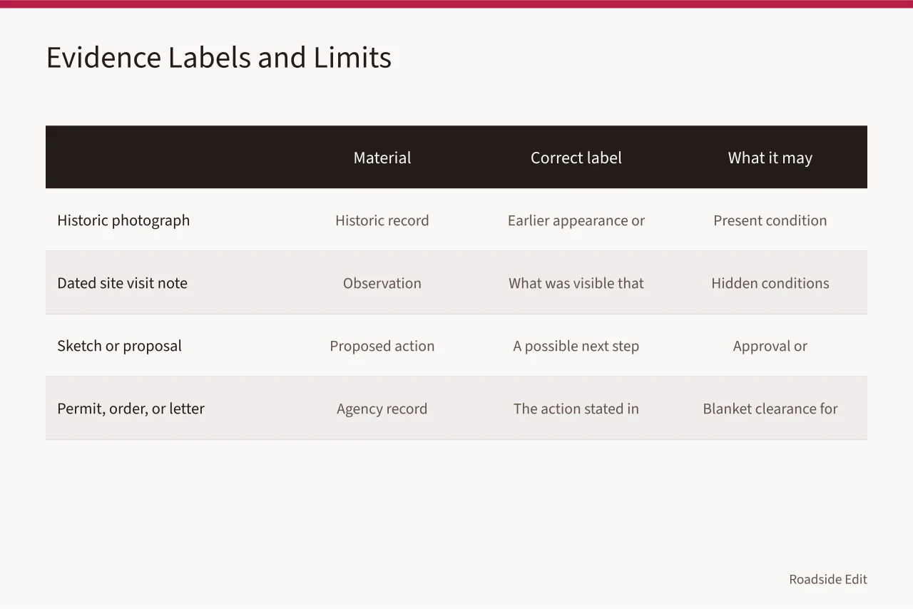 Comparison table of four evidence labels and what each can and cannot settle (Roadside renovation planning checklist: scope the work before you collect anything)