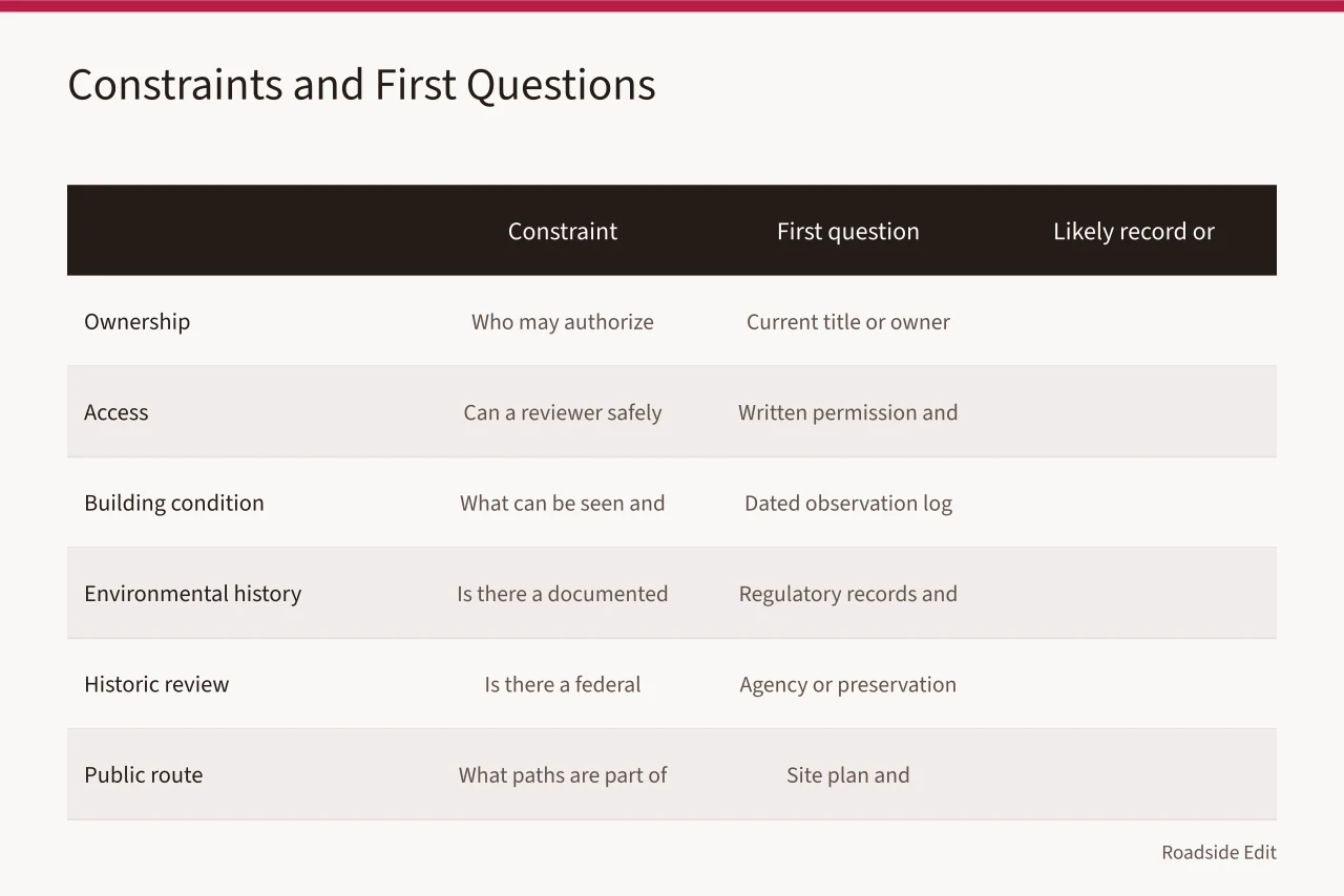 Comparison table of seven renovation constraints, first questions, and next steps (Roadside renovation planning checklist: scope the work before you collect anything)