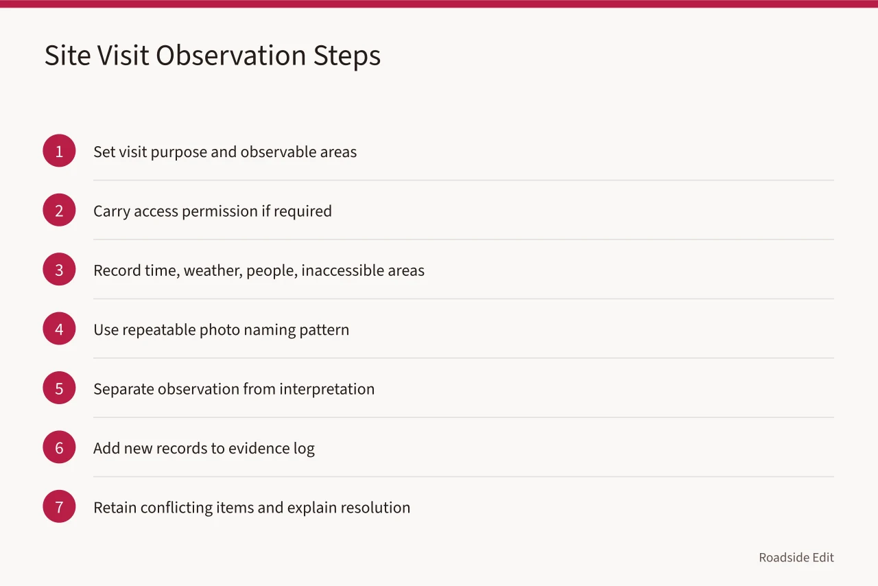 Seven-step sequence for planning a useful site visit and recording observations (Roadside renovation planning checklist: scope the work before you collect anything)