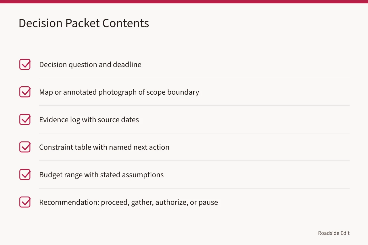Checklist of six items to include in an auditable decision packet (Roadside renovation planning checklist: scope the work before you collect anything)