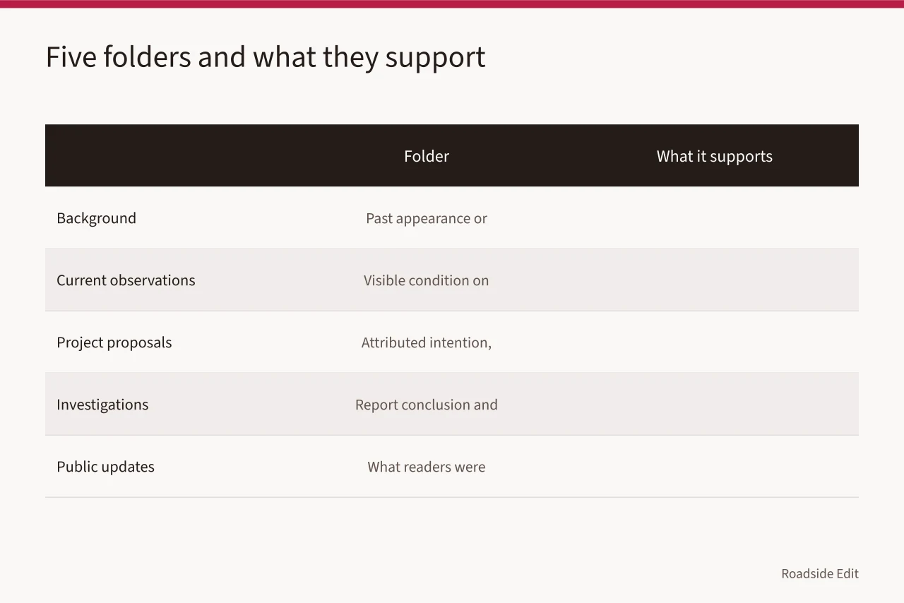 Table comparing five record folders with the claims each can support (How to build roadside renovation planning records that separate claims from facts)