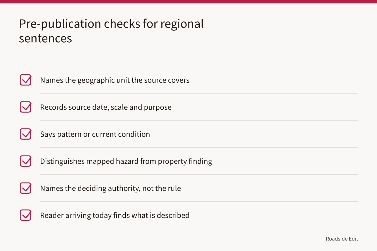 Checklist of six questions to run each regional sentence through before publishing (Roadside renovation questions to ask before you publish a regional story)