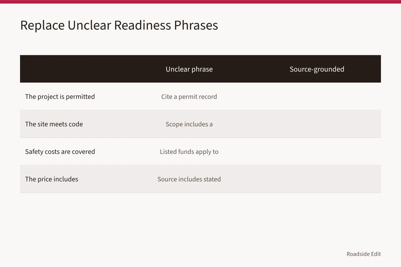 Comparison table replacing unclear readiness phrases with source-grounded alternatives (Roadside renovation safety budget notes: map compliance before you price it)