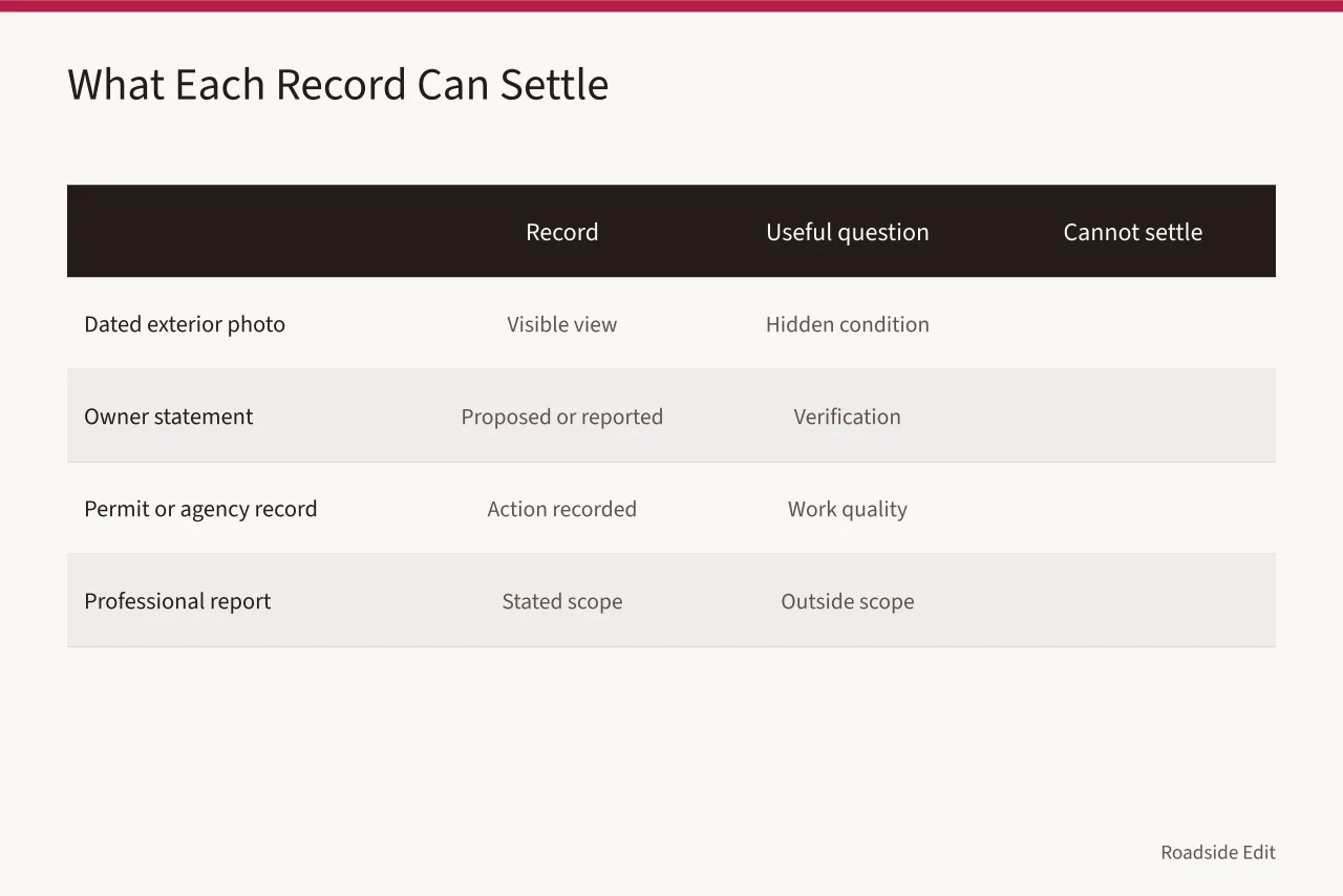Table comparing four record types and their evidence limits (Roadside renovation safety checklist: what to document before work starts)