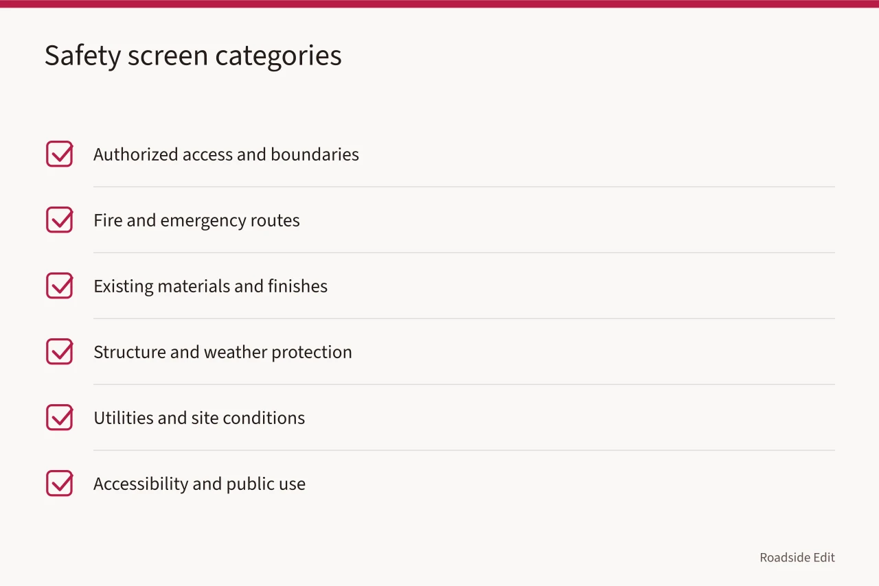 Checklist of six safety screen categories for roadside renovation (Roadside renovation safety checklist: what to document before work starts)