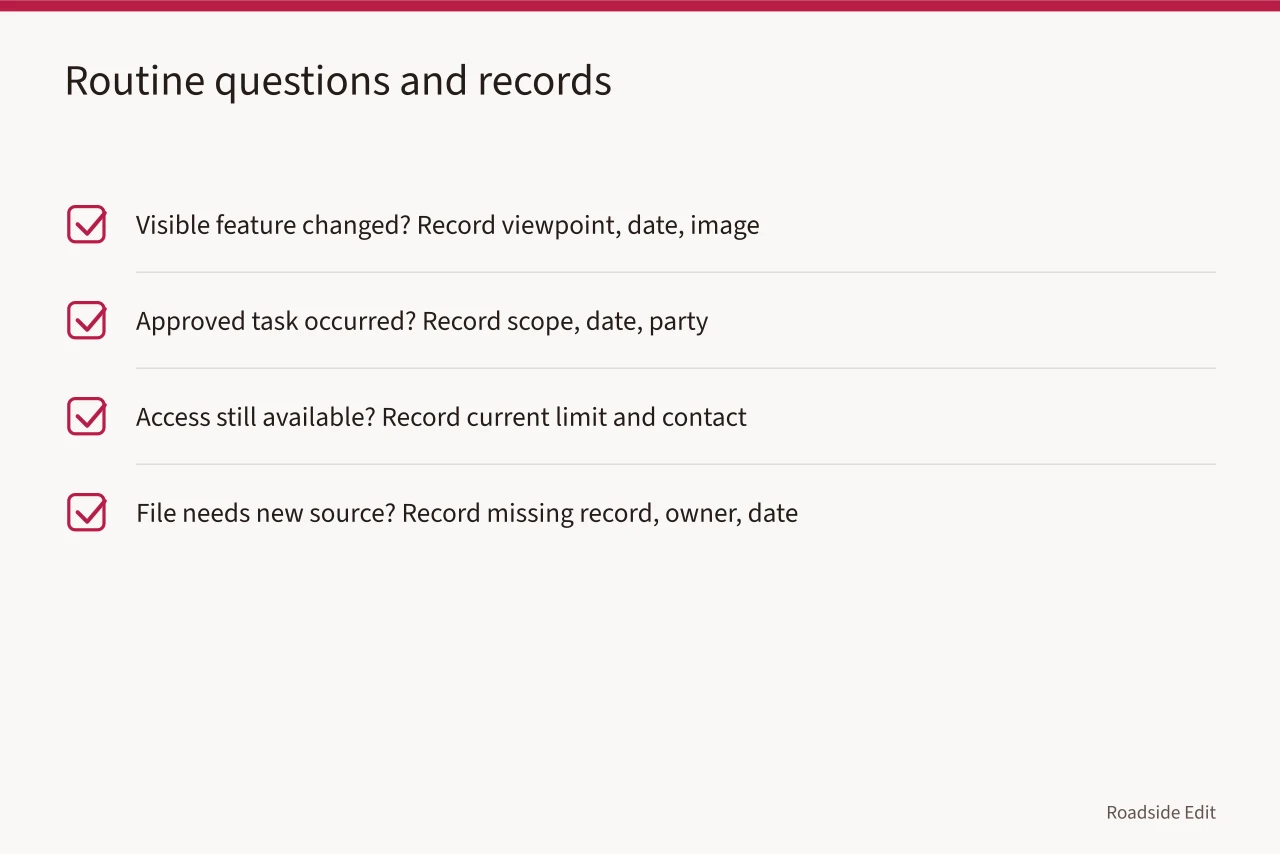 Checklist of five care-file baseline items to record on day one (Roadside design studio maintenance plan: how to scope recurring care)