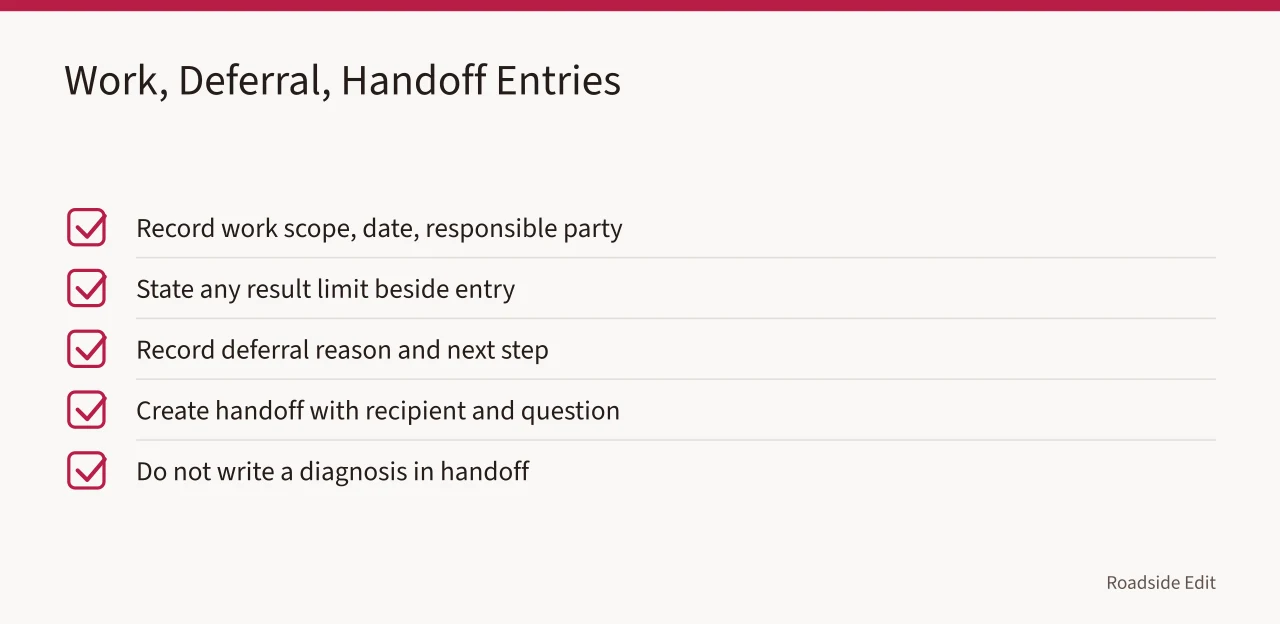 Checklist for recording work, deferrals, and handoffs (How roadside design studios should keep owner maintenance records)