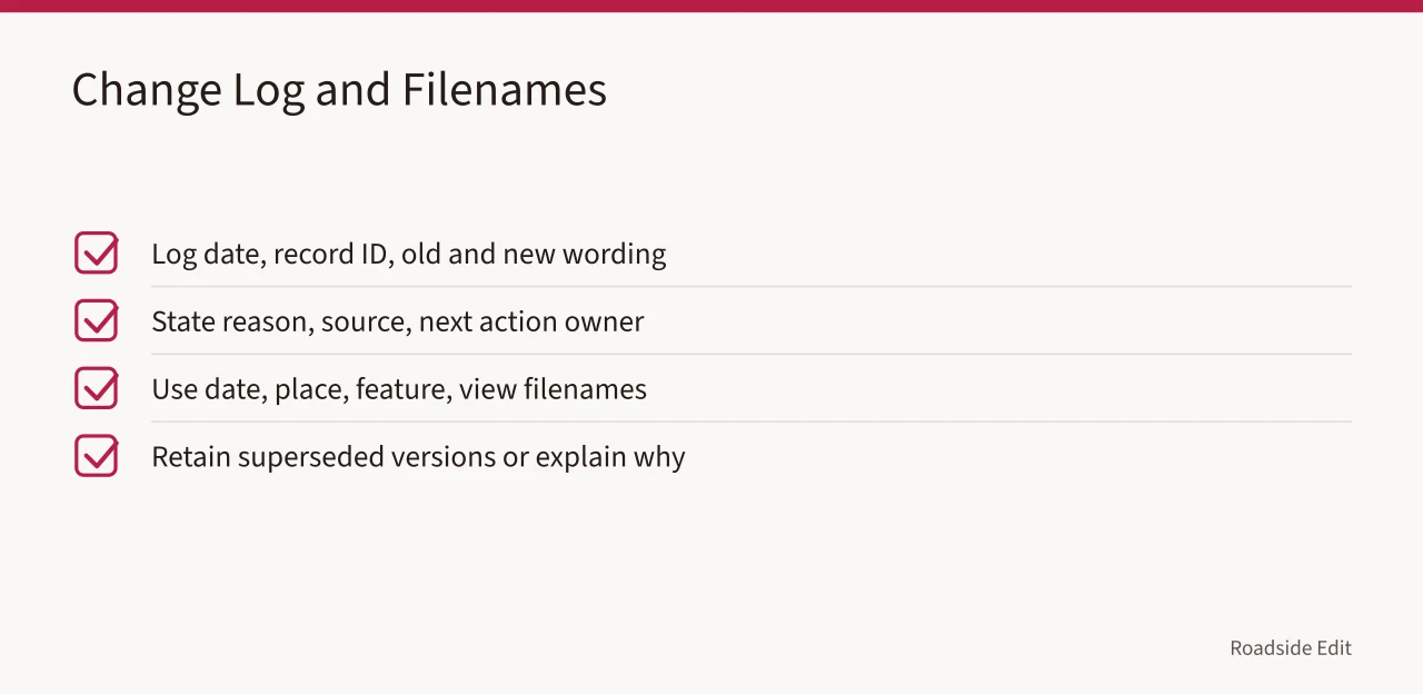 Checklist for change-log entries and consistent filenames (How roadside design studios should keep owner maintenance records)