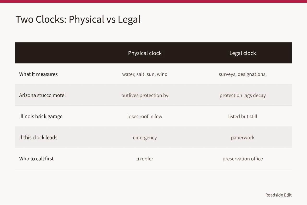 Comparison chart of physical decay clock versus legal protection clock (Route 66 preservation in eight states compared by climate and state law)