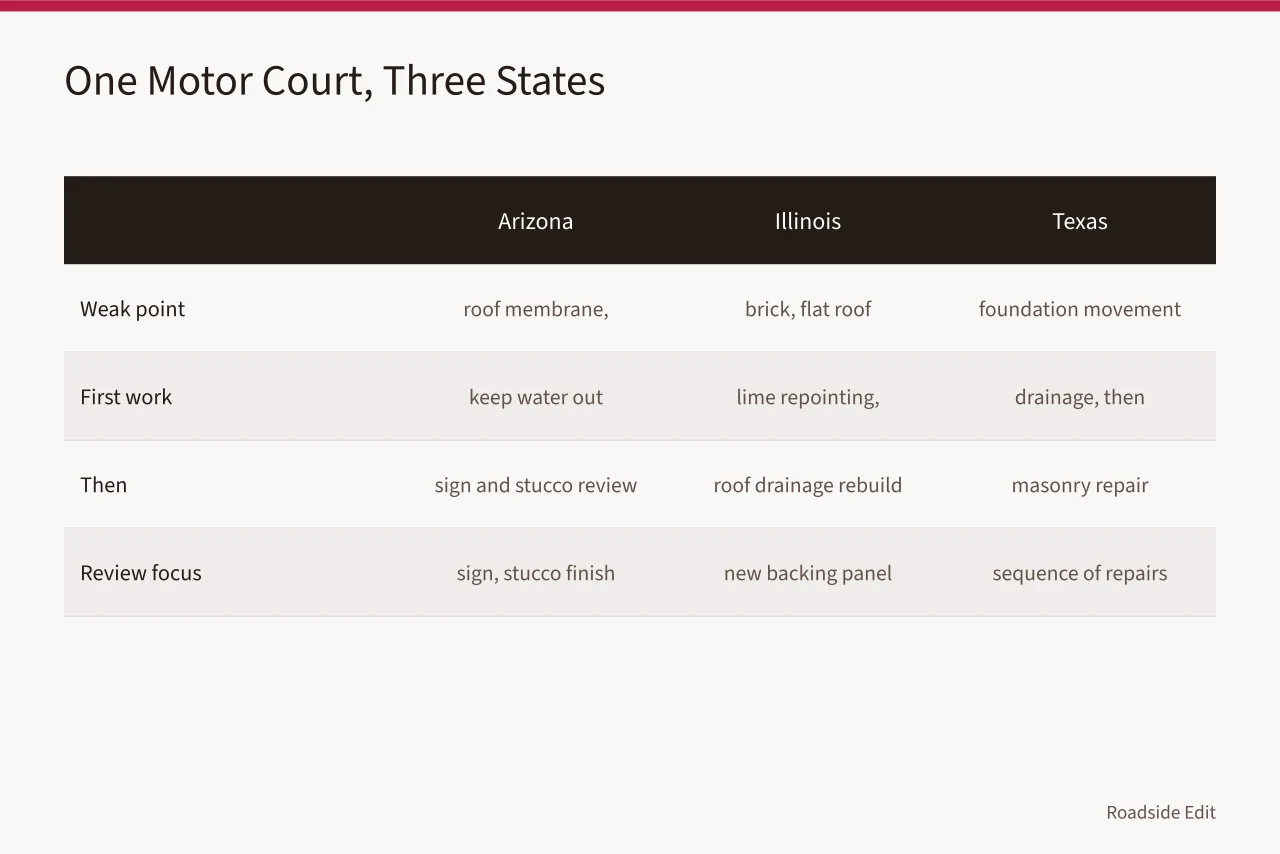Comparison of one 1950s motor court facing three state futures (Route 66 preservation in eight states compared by climate and state law)