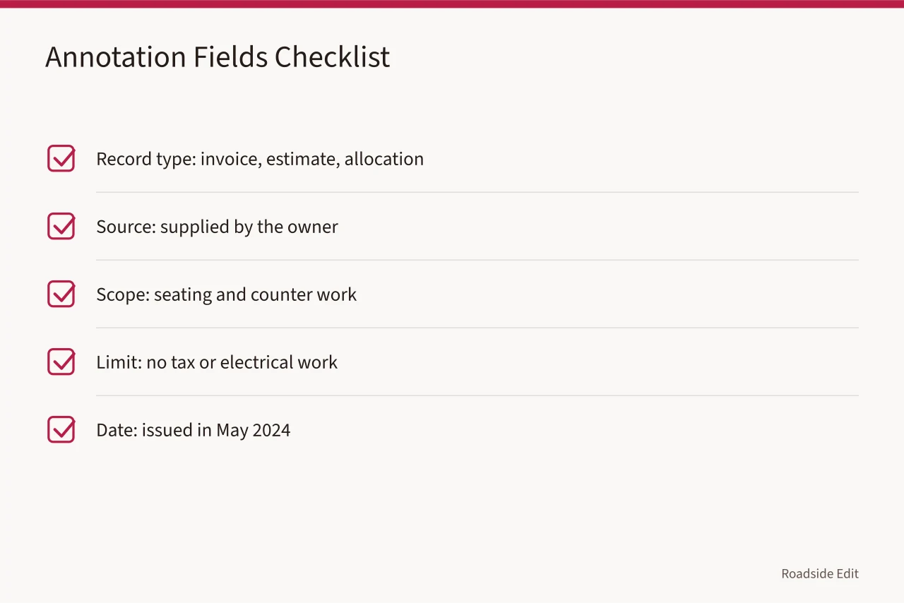 Checklist of annotation fields: record type, source, scope, limit, date (How to write cost budget notes on vintage diner interiors records)