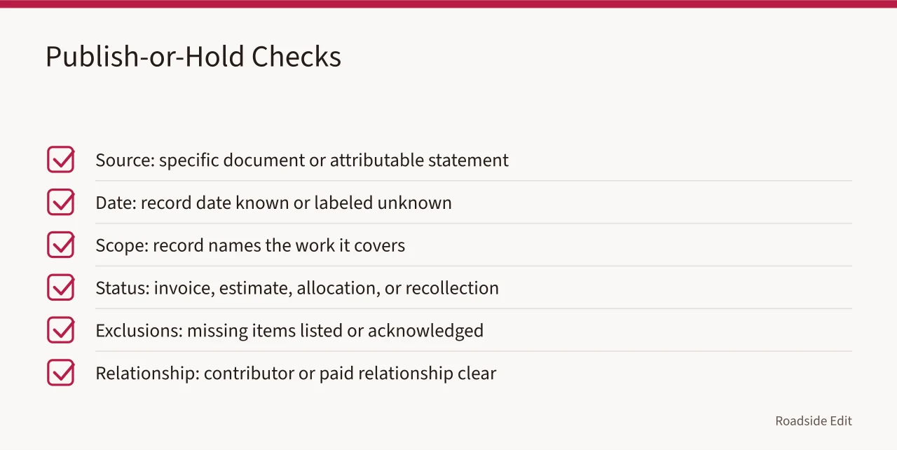 Checklist of six vintage diner cost figure checks: source, date, scope, status, exclusions, relationship (Before you publish vintage diner cost figures, run this scope checklist)