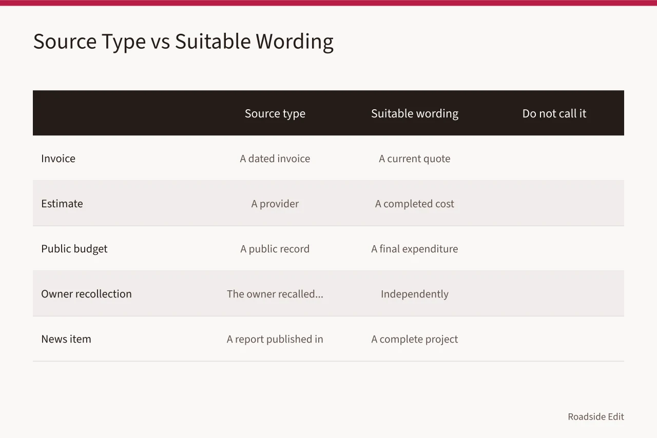 Table comparing source types with suitable wording and what not to call them (How to keep vintage diner interior budget notes accurate)