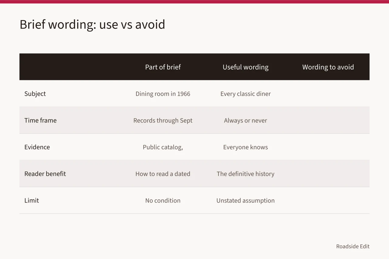 Table comparing useful brief wording with wording to avoid (How to build a vintage diner interiors case study readers can trust)