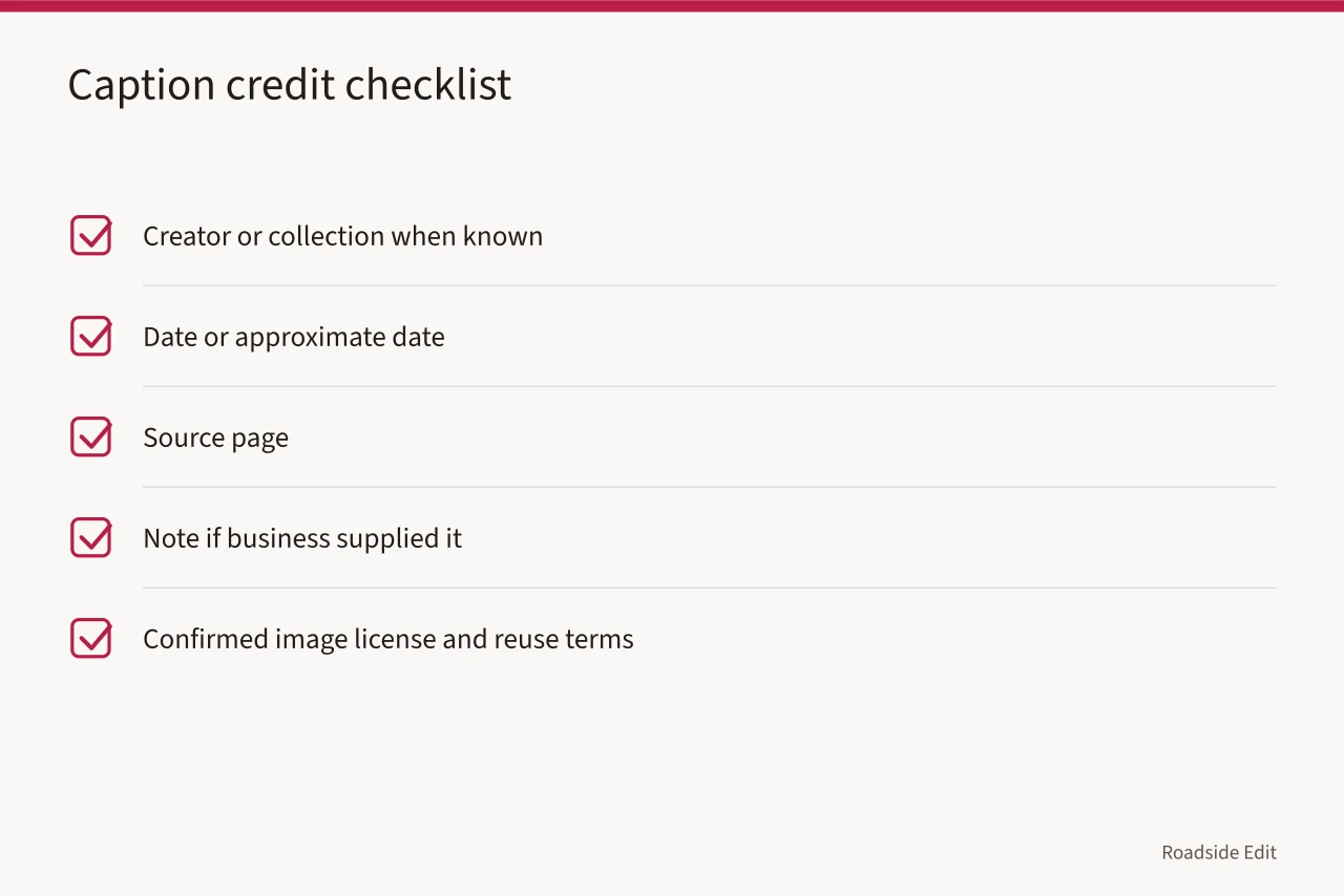 Checklist of five caption credit elements for diner interior images (How to build a vintage diner interiors case study readers can trust)