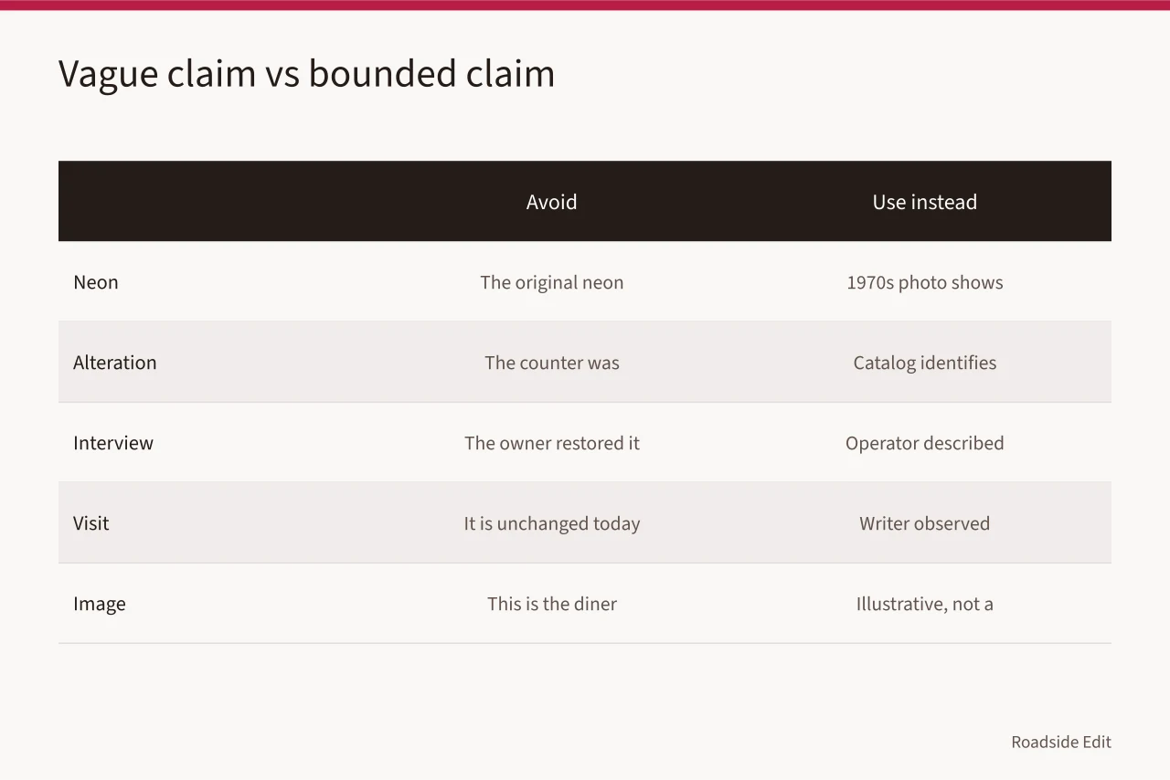 Table pairing vague diner claims with bounded, sourced alternatives (How to build a vintage diner interiors case study readers can trust)
