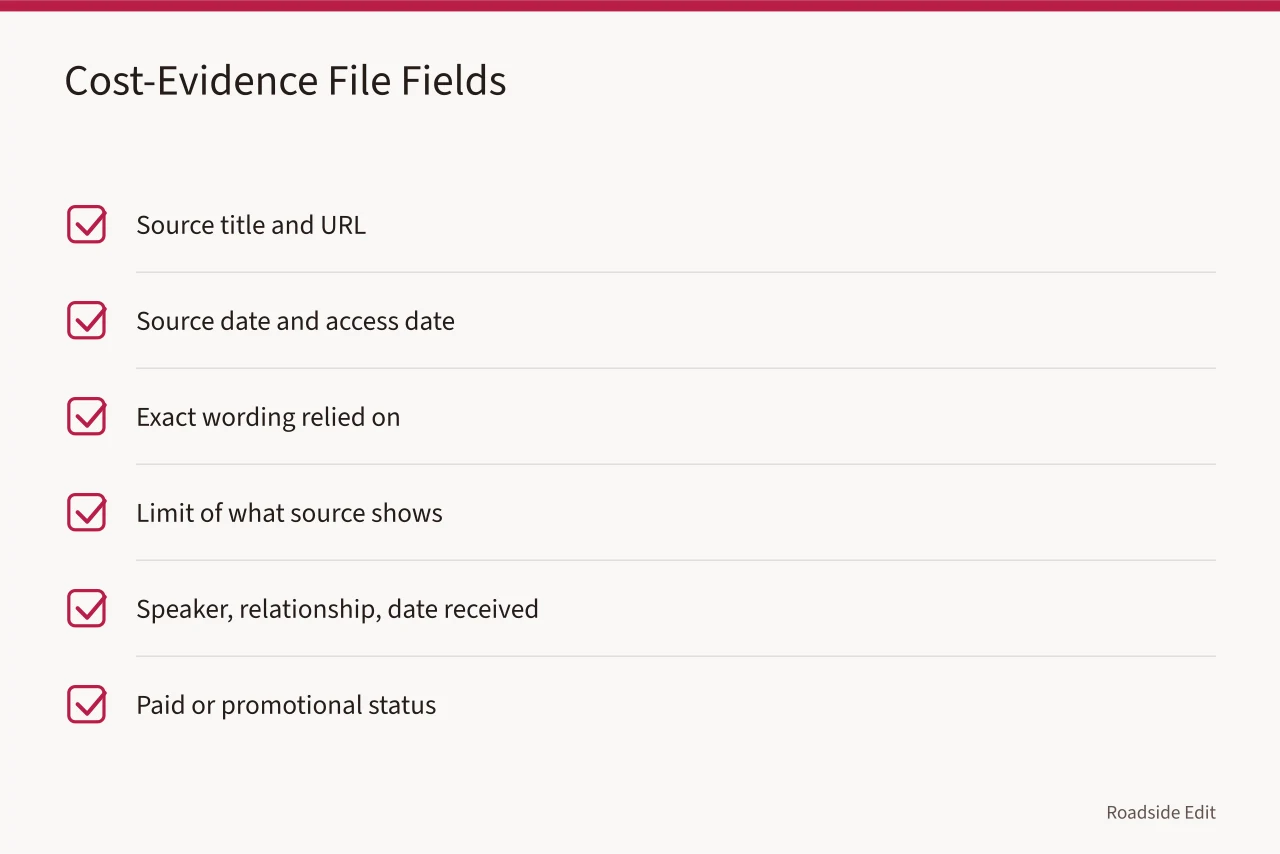 Checklist of fields for a traceable cost-evidence file (How to plan vintage diner interior costs without faking an estimate)