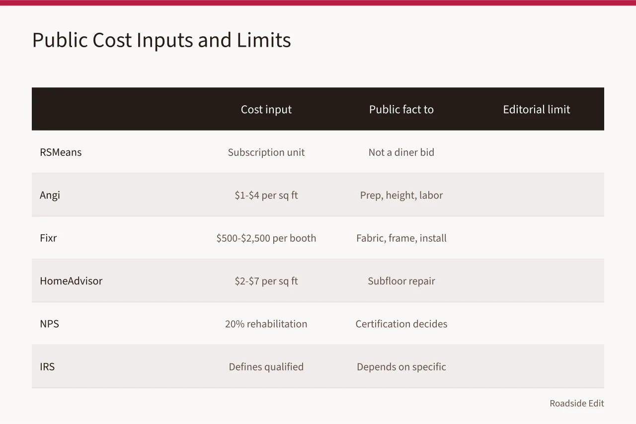 Comparison table of public cost tools and their editorial limits (How to plan vintage diner interior costs without faking an estimate)