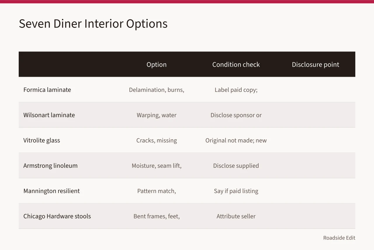 Comparison table of seven diner interior options with condition and disclosure checks (How vintage diner interior options compare on condition and disclosure)