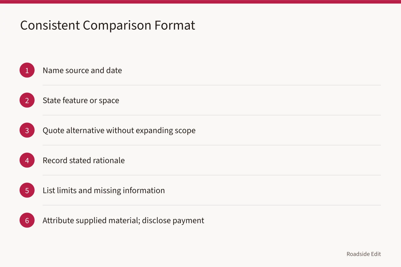 Six-step format for comparing alternatives with the same fields (How vintage diner interior options compare on condition and disclosure)