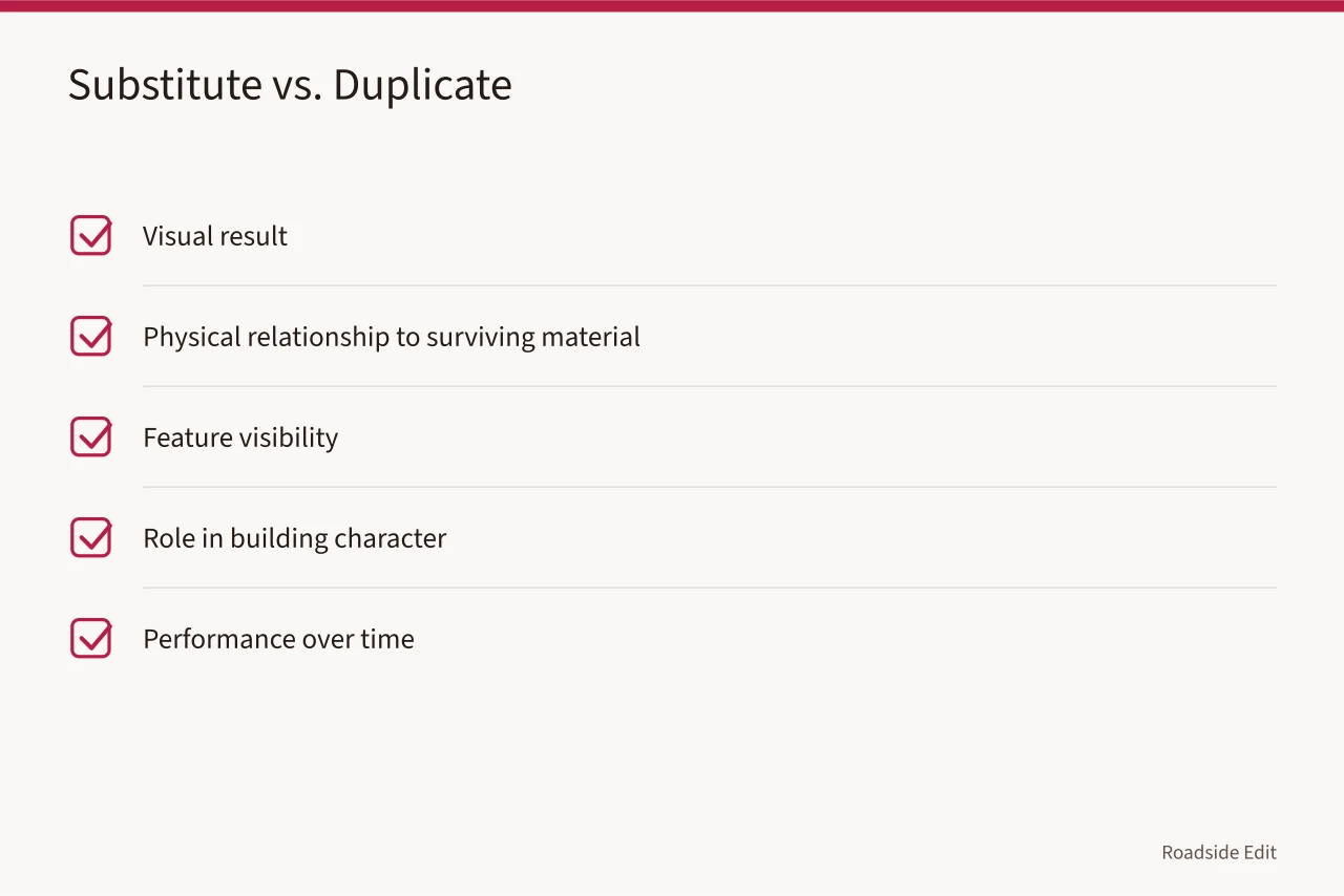 Checklist of five factors that distinguish a substitute from a duplicate (How vintage diner interior options compare on condition and disclosure)