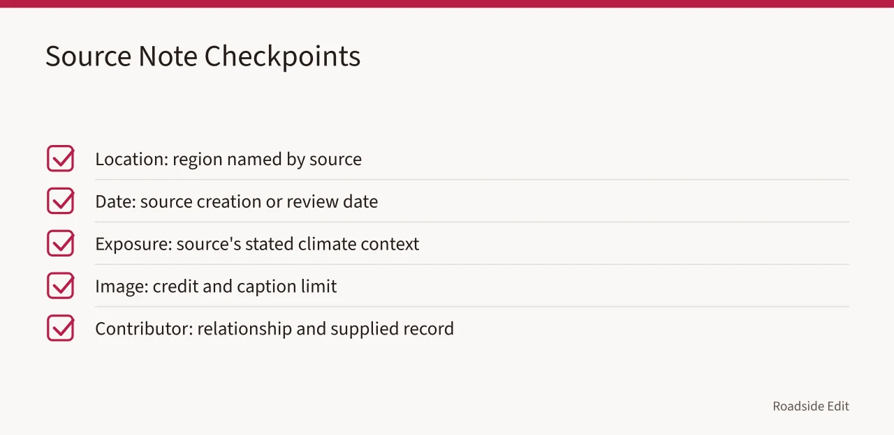Checklist of source note checkpoints for location, date, exposure, image, contributor (How to build a vintage diner interiors regional checklist for source notes)